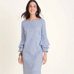 CHICO’S Blue & White Seersucker Shift Dress Ruffle Bell Sleeves | Size 00 (2)